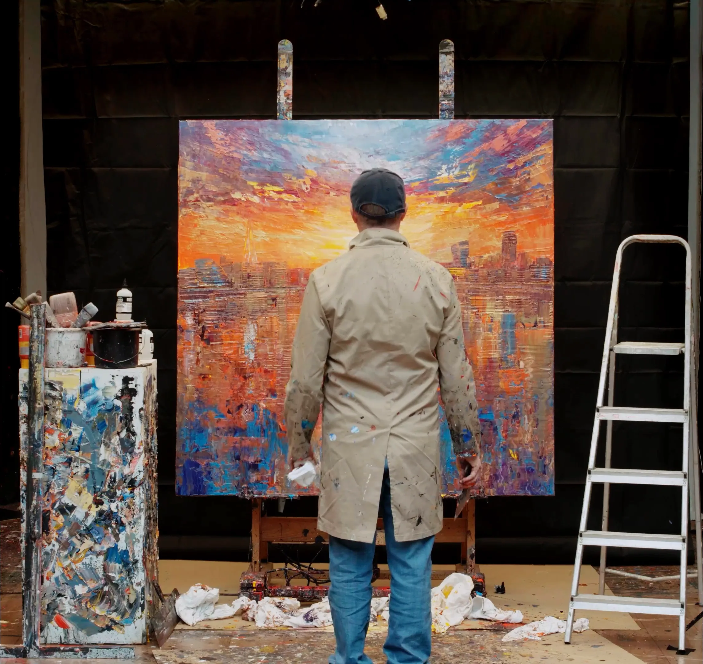 Paul Kenton, seen from behind in a paint-spattered coat, standing before the nearly finished Currents of Light on a studio easel